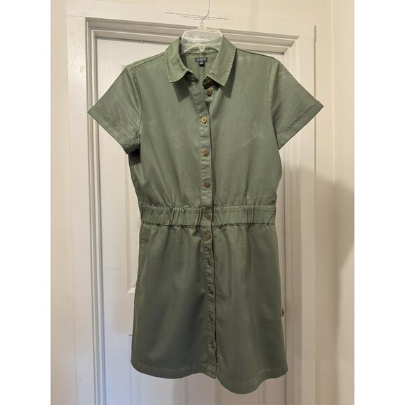 J. Crew Olive Green Shirt Dress Cotton Blend Elastic Waist Size 8 - Picture 1 of 4